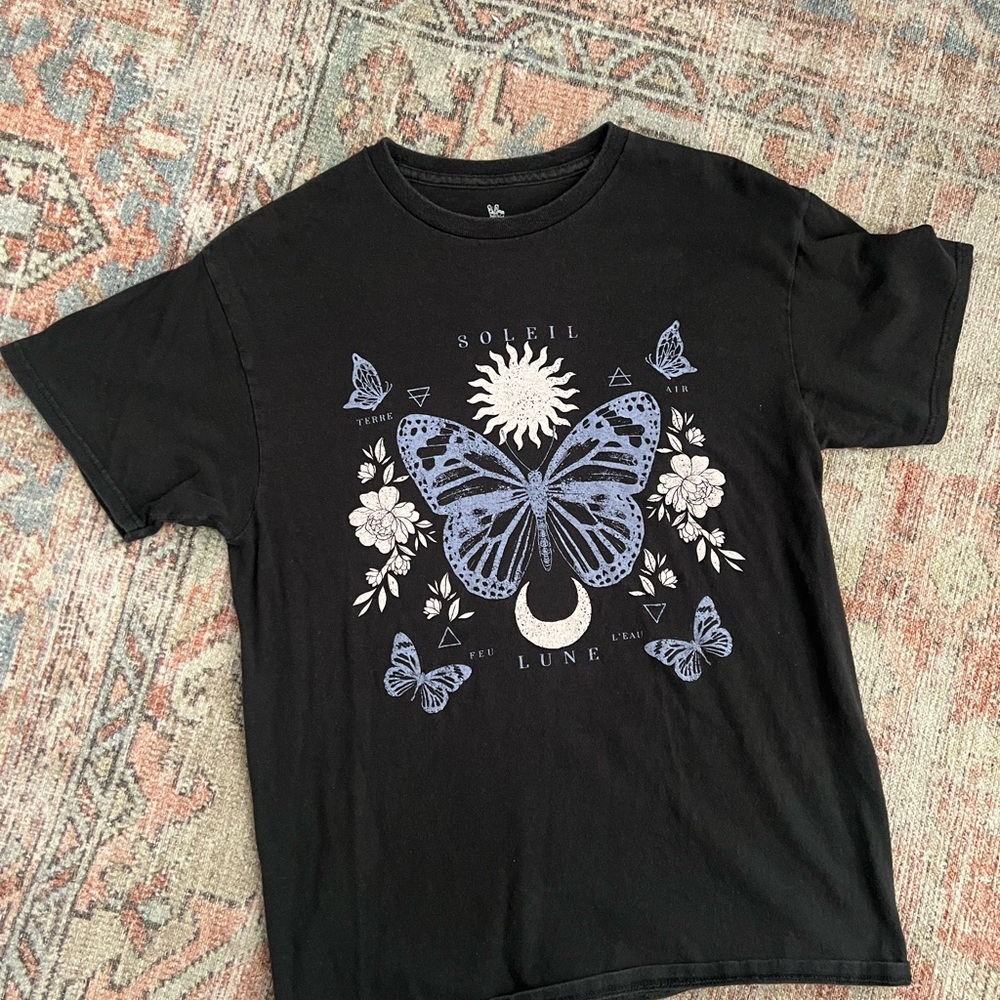 Junk Food Clothing Black Tee with Blue Butterfly Design